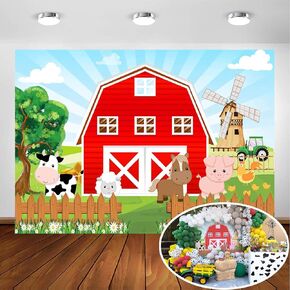 Avezano Farm Red Barn Backdrop for Kids Party Cartoon Farm Animals Birthday Party Photoshoot Photography Background Farm Theme Party Cake Table Banner Photobooth Decorations (7x5ft)