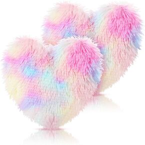 Marsui 2 Pcs Fluffy Heart Pillow Heart Shaped Pillow Plush Cute Valentine's Day Heart Shaped Throw Cushion Stuffed Heart Decorative Pillow Toy Throw Pillow Gift(Colorful, Long Plush)