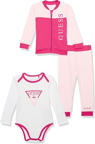 GUESS baby-girls Organic Interlock Logo Bodysuit With Zip Up Sweatshirt and Sweatpants Playwear set in Saudi Arabia