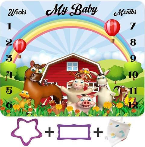 KIKIDOR Personalized Farm Blanket Monthly Milestone Farm Animal Blanket Farm House Blanket Animal Throw Blanket Baby Farm Animals Nursery Farm Receiving Blanket Growth Record Blanket 48x40inch in Kuwait