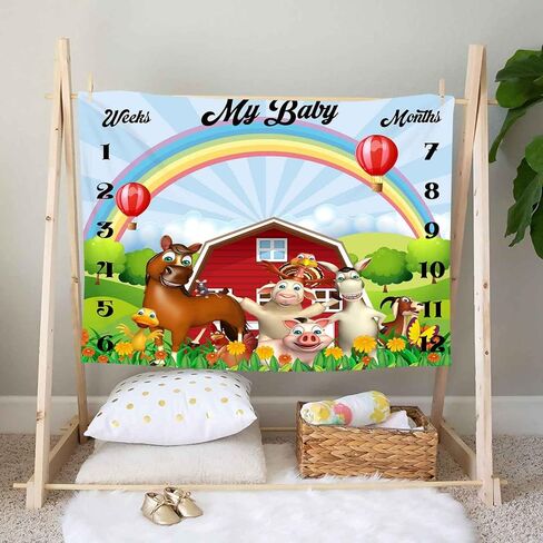 KIKIDOR Personalized Farm Blanket Monthly Milestone Farm Animal Blanket Farm House Blanket Animal Throw Blanket Baby Farm Animals Nursery Farm Receiving Blanket Growth Record Blanket 48x40inch in Kuwait