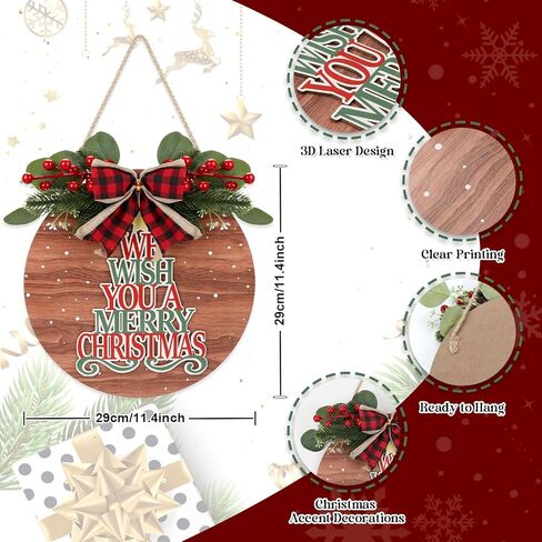 ديكور عيد الميلاد CHDITB، نتمنى لك علامة باب عيد الميلاد المجيد (11.4 بوصة × 11.4 بوصة)، إكليل باب عيد الميلاد ثلاثي الأبعاد مع الهدال القوس الأحمر المنقوش، علامة عيد الميلاد في المزرعة الريفية لشرفة الباب in Kuwait