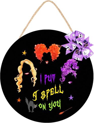 AKEROCK Hocus Pocus Decor Halloween Door Decorations Hanger Sign I Put A Spell on You, Halloween Wreath Wooden Hocus Pocus Decorations, Halloween Home Decor for Wall, Indoor, Outdoor, Black in Kuwait