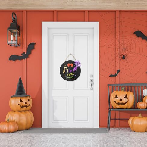 AKEROCK Hocus Pocus Decor Halloween Door Decorations Hanger Sign I Put A Spell on You, Halloween Wreath Wooden Hocus Pocus Decorations, Halloween Home Decor for Wall, Indoor, Outdoor, Black in Kuwait