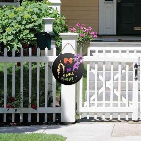 AKEROCK Hocus Pocus Decor Halloween Door Decorations Hanger Sign I Put A Spell on You, Halloween Wreath Wooden Hocus Pocus Decorations, Halloween Home Decor for Wall, Indoor, Outdoor, Black in Kuwait