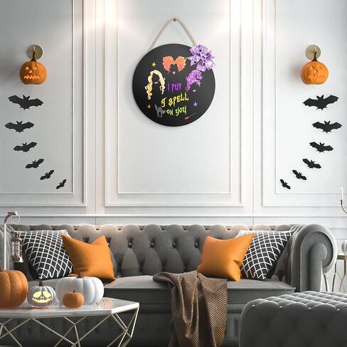 AKEROCK Hocus Pocus Decor Halloween Door Decorations Hanger Sign I Put A Spell on You, Halloween Wreath Wooden Hocus Pocus Decorations, Halloween Home Decor for Wall, Indoor, Outdoor, Black in Kuwait