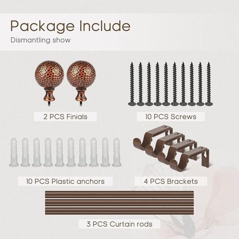 قضيب ستارة نافذة واحدة من DAINTIER مقاس 1 بوصة مع لمسة نهائية مستديرة عتيقة، 72-144 بوصة، برونزي in Kuwait