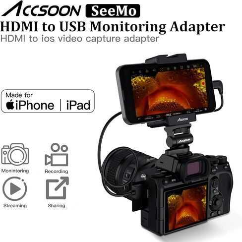 مراقبة فيديو Accsoon SeeMo HDMI إلى USB-C لأجهزة iOS، إخراج فيديو 1080P@60 إطارًا في الثانية، متوافق مع أجهزة i.Phone/iPad، زمن استجابة منخفض وشاشة في الوقت الحقيقي، بث مباشر RTMP - سهل الاستخدام in Kuwait