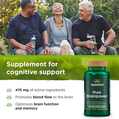 Swanson Pure Brainpower Brain Health Cognitive Memory Focus Support Brain-Derived Neurotrophic Factor (BDNF) Herbal Supplement (Ginkgo Biloba, Bacopa Monnieri) 60 Veggie Capsules (Veg Caps) Vegan in Saudi Arabia