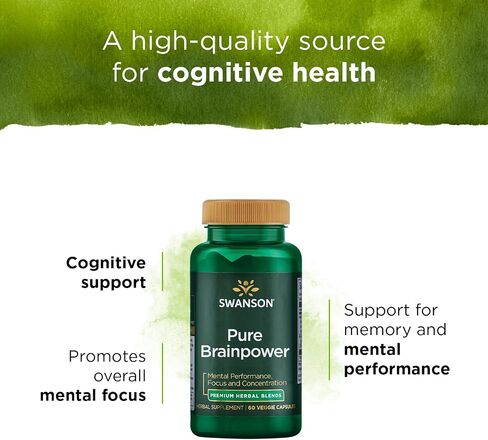 Swanson Pure Brainpower Brain Health Cognitive Memory Focus Support Brain-Derived Neurotrophic Factor (BDNF) Herbal Supplement (Ginkgo Biloba, Bacopa Monnieri) 60 Veggie Capsules (Veg Caps) Vegan in Saudi Arabia