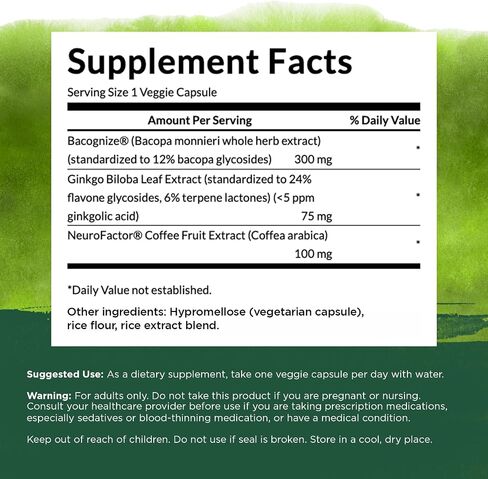 Swanson Pure Brainpower Brain Health Cognitive Memory Focus Support Brain-Derived Neurotrophic Factor (BDNF) Herbal Supplement (Ginkgo Biloba, Bacopa Monnieri) 60 Veggie Capsules (Veg Caps) Vegan in Saudi Arabia