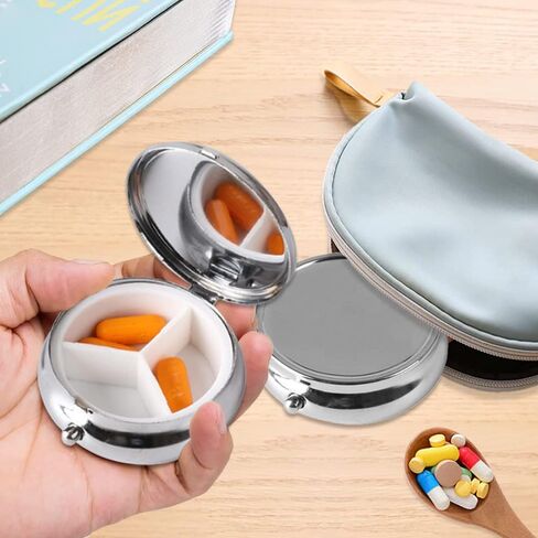 عبوة من قطعتين من صناديق حبوب الدواء المستديرة من الستانلس ستيل لتنظيم الادوية اليومية من مايجيندو لتخزين الادوية والحوامل المحمولة للسفر للحبوب وزيت السمك والفيتامينات والمكملات الغذائية in Kuwait