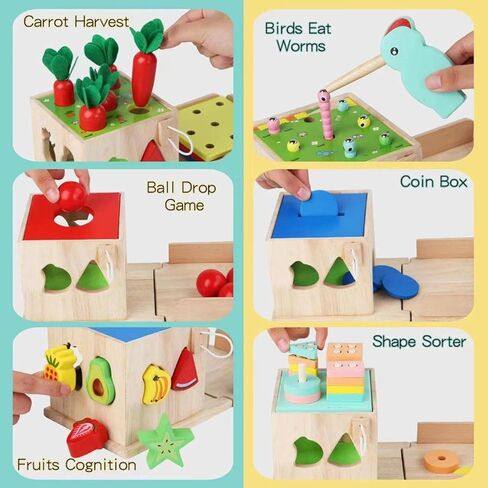 PLUSYARD Wooden Activity Cube, 6-in-1 Montessori Toys Gift Set for 1 2 3 Year Old Boys & Girls, Educational Learning Toys for Toddlers Age 1-3, One Year 1+ Old 612 Months Baby Birthday Gifts in Kuwait