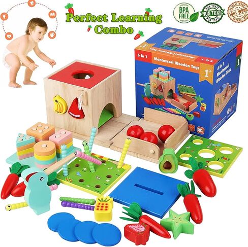 PLUSYARD Wooden Activity Cube, 6-in-1 Montessori Toys Gift Set for 1 2 3 Year Old Boys & Girls, Educational Learning Toys for Toddlers Age 1-3, One Year 1+ Old 612 Months Baby Birthday Gifts in Kuwait