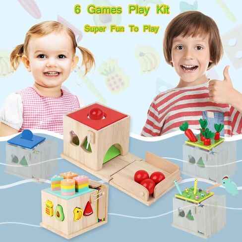PLUSYARD Wooden Activity Cube, 6-in-1 Montessori Toys Gift Set for 1 2 3 Year Old Boys & Girls, Educational Learning Toys for Toddlers Age 1-3, One Year 1+ Old 612 Months Baby Birthday Gifts in Kuwait
