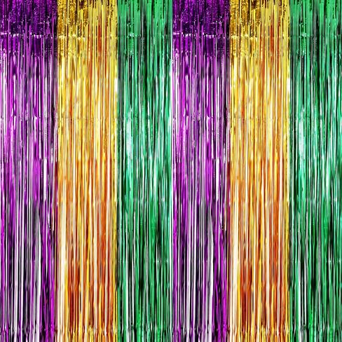 Sumind 4 عبوات من ستائر Mardi Gras Foil ستائر معدنية ذات أهداب ستارة لامعة لحفلات أعياد الميلاد وحفلات الزفاف وديكورات حفلات Mardi Gras (ألوان مختلطة) in Saudi Arabia