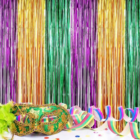 Sumind 4 عبوات من ستائر Mardi Gras Foil ستائر معدنية ذات أهداب ستارة لامعة لحفلات أعياد الميلاد وحفلات الزفاف وديكورات حفلات Mardi Gras (ألوان مختلطة) in Saudi Arabia