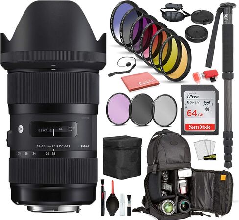 عدسة سيجما 18-35 ملم f/1.8 DC HSM Art لكاميرا Canon EF مع الحزمة تتضمن: بطاقة SD سعة 64 جيجابايت من Sandisk ومجموعة مرشحات مكونة من 9 قطع + المزيد in Saudi Arabia