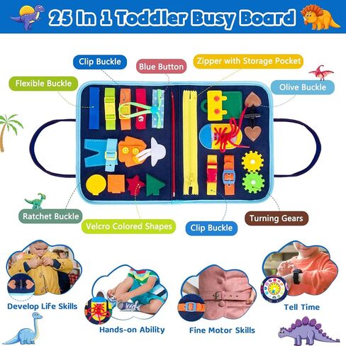 HONGDDY Busy Board، 20 في 1 ألعاب مونتيسوري للأطفال الصغار، لوحة حسية مع صفحة DIY إضافية لتعلم المهارات الحركية الدقيقة والسفر، ألعاب تعليمية تعليمية لمرحلة ما قبل المدرسة هدية للأولاد والبنات in Kuwait