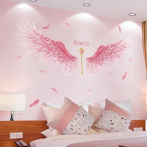 3D Pink Feathers Angel Wings Wall Decals, MYKASEN Princess Feather Creative Wall Stickers, Peel and Stick Removable Lovely Wall Decor Art Murals for Girls Baby Kids Bedroom Living Room Dinning Room in Kuwait