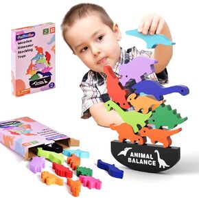 Montessori Wooden Stacking Animals Toys - 11pcs Wood Dinosaur Blocks Sorting & Stacking Toys for 3-7 Year Old Toddlers Girl Boy Gifts, Kids Preschool Educational Toys in Kuwait