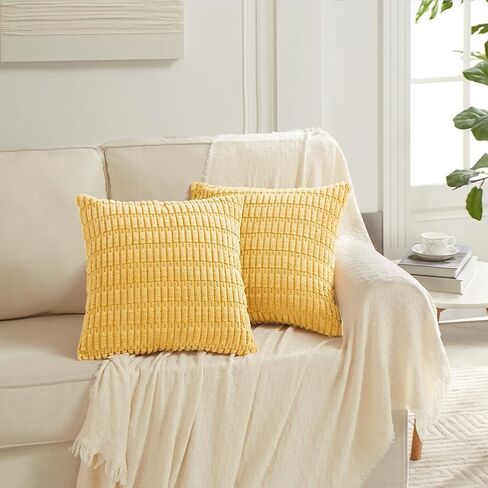 Fancy Homi 2 Packs Black Samll Decorative Throw Pillow Covers 12x12 Inch for Living Room Couch Bed, Rustic Farmhouse Boho Home Decor, Soft Striped Corduroy Square Cushion Case 30x30 cm in Kuwait
