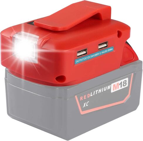 محول بطارية Milwaukee 18v بطارية M18 مع شاحن USB مزدوج + مخرج منفذ تيار مستمر 12 فولت + ضوء العمل - مصدر طاقة لبطارية Milwaukee Lithium-ion (الأداة فقط) in Kuwait
