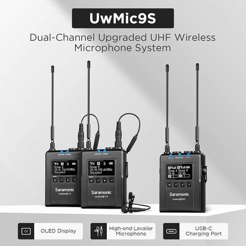 Saramonic New UwMic9S UHF Wireless Microphone System 96 Channel 2 Transmitters 1 Receiver for Phone Camera Broadcast Podcast TV, ENG, Film Make, Vlog Video Recording (TX+TX+RX) in Saudi Arabia