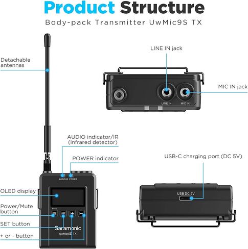 Saramonic New UwMic9S UHF Wireless Microphone System 96 Channel 2 Transmitters 1 Receiver for Phone Camera Broadcast Podcast TV, ENG, Film Make, Vlog Video Recording (TX+TX+RX) in Saudi Arabia