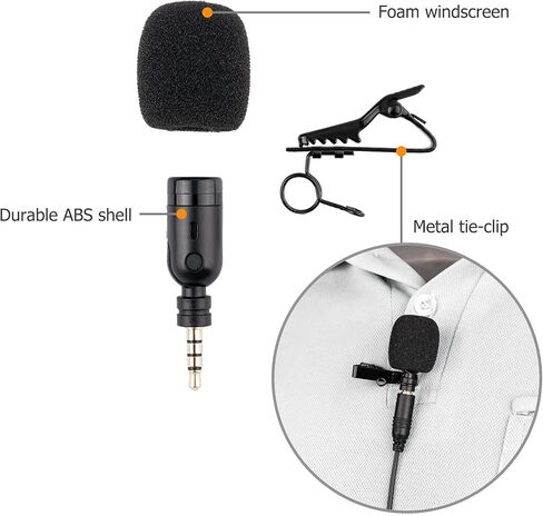 ميكروفون Lavalier ذو طية صدر السترة مع مقبس TRRS مقاس 3.5 مم إلى مقبس TRS مقاس 3.5 مم، وميكروفون مكثف أحادي الاتجاه بطول 6.6 قدم للبث المباشر، وتصوير الفيديو، واجتماعات التكبير/التصغير، ومشبك طوق على الميكروفون للهواتف الذكية والكمبيوتر المحمول والكاميرات in Kuwait