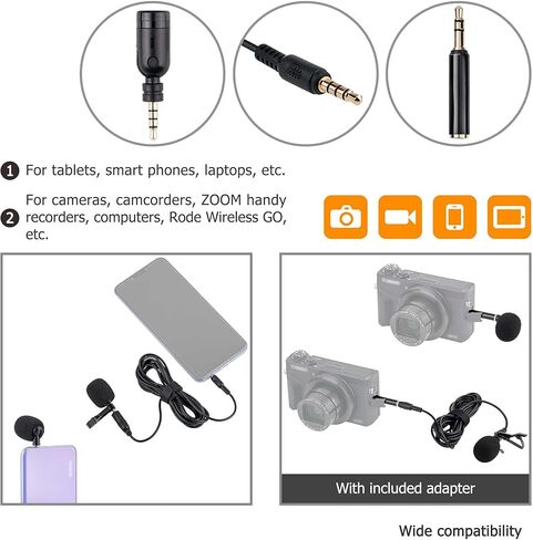 ميكروفون Lavalier ذو طية صدر السترة مع مقبس TRRS مقاس 3.5 مم إلى مقبس TRS مقاس 3.5 مم، وميكروفون مكثف أحادي الاتجاه بطول 6.6 قدم للبث المباشر، وتصوير الفيديو، واجتماعات التكبير/التصغير، ومشبك طوق على الميكروفون للهواتف الذكية والكمبيوتر المحمول والكاميرات in Kuwait