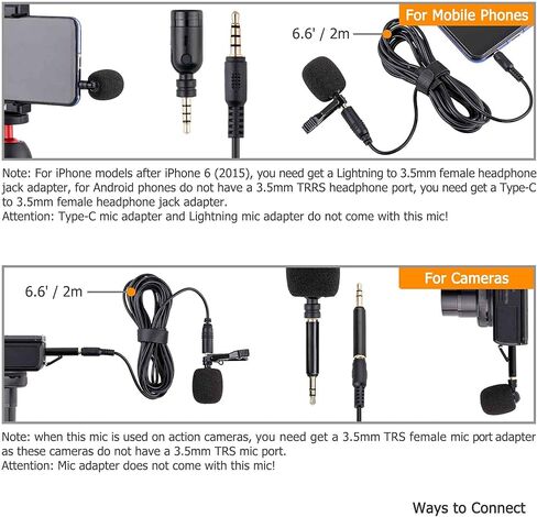ميكروفون Lavalier ذو طية صدر السترة مع مقبس TRRS مقاس 3.5 مم إلى مقبس TRS مقاس 3.5 مم، وميكروفون مكثف أحادي الاتجاه بطول 6.6 قدم للبث المباشر، وتصوير الفيديو، واجتماعات التكبير/التصغير، ومشبك طوق على الميكروفون للهواتف الذكية والكمبيوتر المحمول والكاميرات in Kuwait