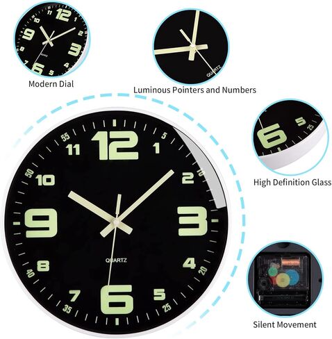NESIFEE 12 Inch Glow in The Dark Wall Clock,Night Light Wall Clock,Silent Non-Ticking, Battery Operated Wall Clocks for Living Room Kitchen Office Bedroom in Kuwait