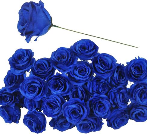 Artificial Flowers 50PCS Silk Rose with Wire Stem Real-Touch Fake Rose for DIY Wedding Décor Bride&Bridesmaid Bouquets Home Office Baby Shower Party Prom Centerpieces Arch Garland(Blue) in Saudi Arabia