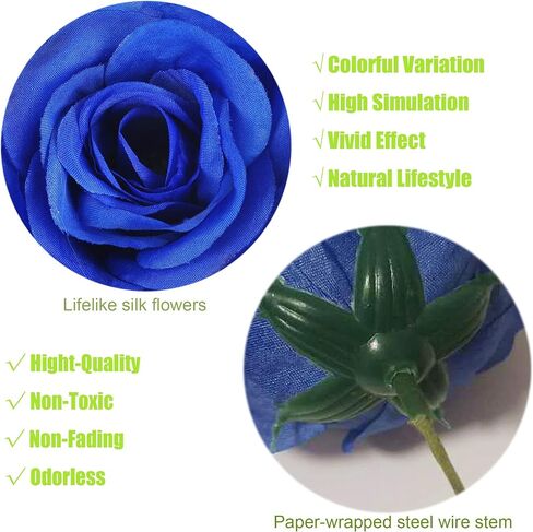 Artificial Flowers 50PCS Silk Rose with Wire Stem Real-Touch Fake Rose for DIY Wedding Décor Bride&Bridesmaid Bouquets Home Office Baby Shower Party Prom Centerpieces Arch Garland(Blue) in Saudi Arabia