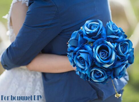 Artificial Flowers 50PCS Silk Rose with Wire Stem Real-Touch Fake Rose for DIY Wedding Décor Bride&Bridesmaid Bouquets Home Office Baby Shower Party Prom Centerpieces Arch Garland(Blue) in Saudi Arabia