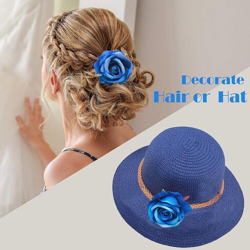 Artificial Flowers 50PCS Silk Rose with Wire Stem Real-Touch Fake Rose for DIY Wedding Décor Bride&Bridesmaid Bouquets Home Office Baby Shower Party Prom Centerpieces Arch Garland(Blue) in Saudi Arabia