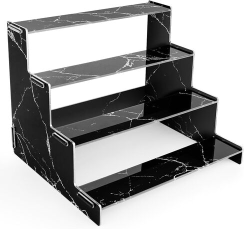 ارفف اكريليك من بيسموري، 4 طبقات مطبوعة بالاشعة فوق البنفسجية بنمط رخامي من الاكريليك لعرض المكياج والعطور وطلاء الاظافر وطاولة الحمام والعناية بالبشرة والكب كيك وتنظيم وتخزين الكب كيك - اسود in Kuwait