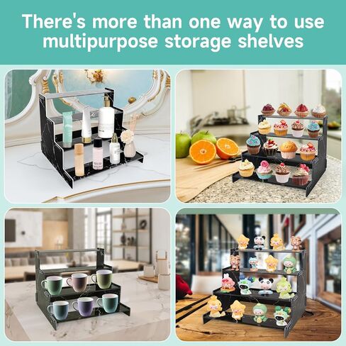 ارفف اكريليك من بيسموري، 4 طبقات مطبوعة بالاشعة فوق البنفسجية بنمط رخامي من الاكريليك لعرض المكياج والعطور وطلاء الاظافر وطاولة الحمام والعناية بالبشرة والكب كيك وتنظيم وتخزين الكب كيك - اسود in Kuwait