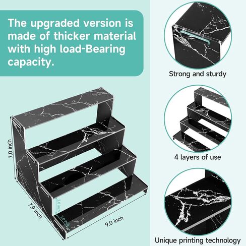 ارفف اكريليك من بيسموري، 4 طبقات مطبوعة بالاشعة فوق البنفسجية بنمط رخامي من الاكريليك لعرض المكياج والعطور وطلاء الاظافر وطاولة الحمام والعناية بالبشرة والكب كيك وتنظيم وتخزين الكب كيك - اسود in Kuwait