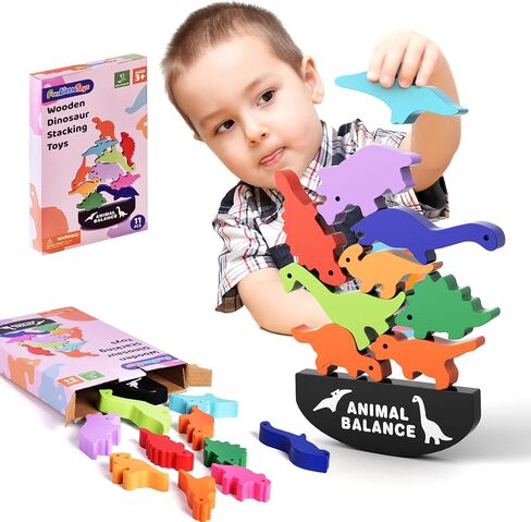 Montessori Wooden Stacking Animals Toys - 11pcs Wood Dinosaur Blocks Sorting & Stacking Toys for 3-7 Year Old Toddlers Girl Boy Gifts, Kids Preschool Educational Toys in Kuwait