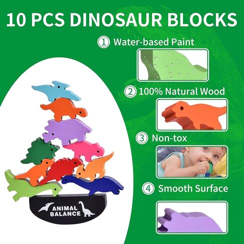Montessori Wooden Stacking Animals Toys - 11pcs Wood Dinosaur Blocks Sorting & Stacking Toys for 3-7 Year Old Toddlers Girl Boy Gifts, Kids Preschool Educational Toys in Kuwait