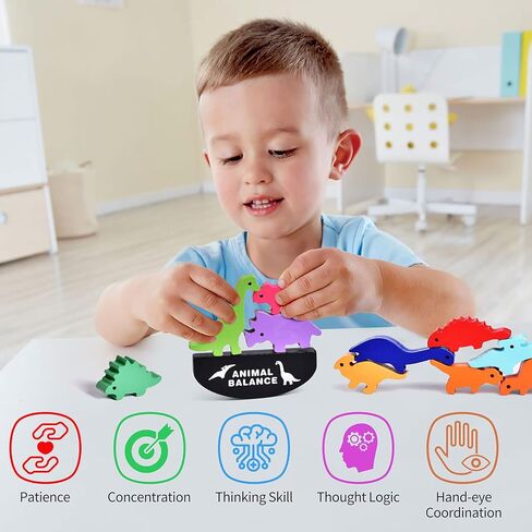 Montessori Wooden Stacking Animals Toys - 11pcs Wood Dinosaur Blocks Sorting & Stacking Toys for 3-7 Year Old Toddlers Girl Boy Gifts, Kids Preschool Educational Toys in Kuwait