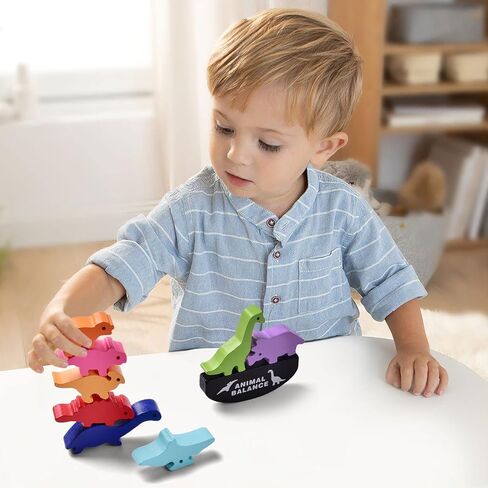 Montessori Wooden Stacking Animals Toys - 11pcs Wood Dinosaur Blocks Sorting & Stacking Toys for 3-7 Year Old Toddlers Girl Boy Gifts, Kids Preschool Educational Toys in Kuwait