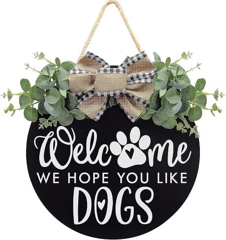 LANDAXA Welcome We Hope You Like Dogs Farmhouse لافتة باب لديكور الشرفة للباب الأمامي - لافتة ترحيب إكليل معلقة لمحبي الكلاب زينة عيد الميلاد in Saudi Arabia