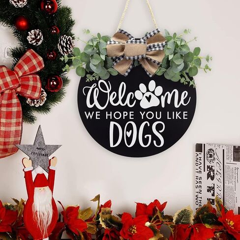 LANDAXA Welcome We Hope You Like Dogs Farmhouse لافتة باب لديكور الشرفة للباب الأمامي - لافتة ترحيب إكليل معلقة لمحبي الكلاب زينة عيد الميلاد in Saudi Arabia