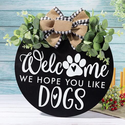 LANDAXA Welcome We Hope You Like Dogs Farmhouse لافتة باب لديكور الشرفة للباب الأمامي - لافتة ترحيب إكليل معلقة لمحبي الكلاب زينة عيد الميلاد in Saudi Arabia