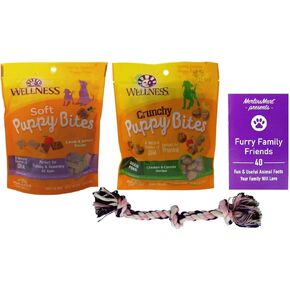 مكافآت تدريب الكلاب من Wellness Puppy Bites بنكهتين متنوعتين - (1) لكل منهما: سمك السلمون الضأن الناعم، وجزر الدجاج المقرمش (3-6 أونصة) - بالإضافة إلى لعبة الحبل وحزمة كتيب حقائق الحيوانات الممتعة in Kuwait