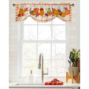Window Valance Rod Pocket Panel for Kitchen Bedroom Windows Thanksgiving Maple Leaf Fall Pumpkin Harvest Valances Short Curtain Bathroom Treatment Drapes Vintage Wood Board Orange Buffalo Check in Kuwait