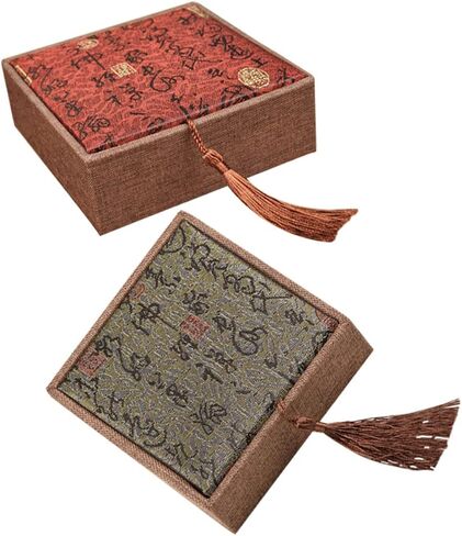 TEHAUX Gift Boxes with Lids, 2pcs Linen Gift Box Square Vintage Jewelry Display Storage Organizer Feng Shui Earring Bracelet Necklace Trinket Case with Tassel for Gifts Jewelry in Saudi Arabia